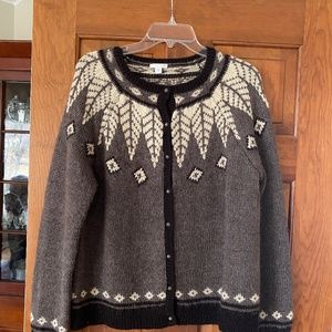 J Jill Fair Isle WOMEN'S MEDIUM BROWN WOOL BLEND BUTTON FRONT CARDIGAN SWEATER